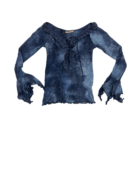 Forever21 Navy Blue Tie-Dye Lace-Up Boho Bell Sleeve Top - XS