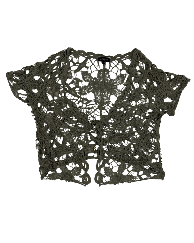 Eclipse Floral Crochet Olive Green Lace Shrug Top - M