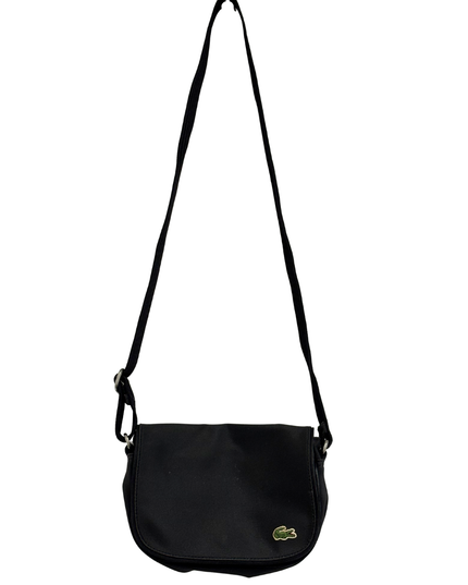 Lacoste Small Black Nylon Green Stripe Lining Flap Crossbody Bag