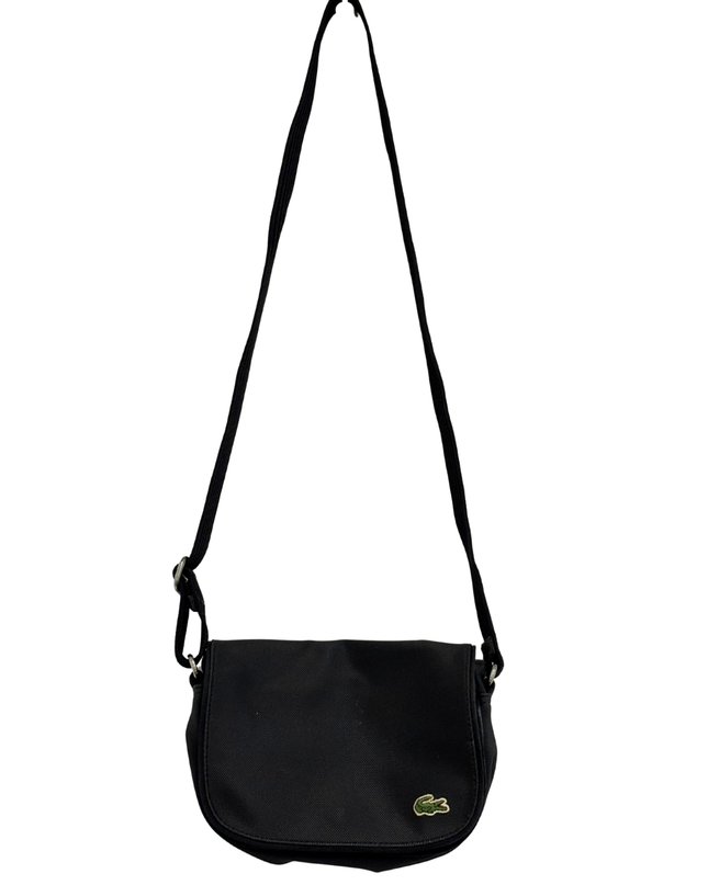 Lacoste Small Black Nylon Green Stripe Lining Flap Crossbody Bag