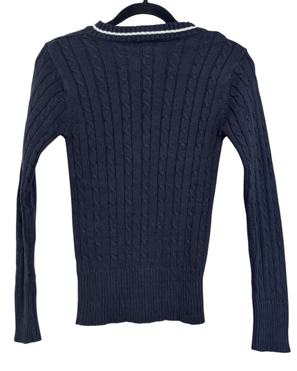 Raphaëlu Cable Knit Navy Blue V-Neck Sweater