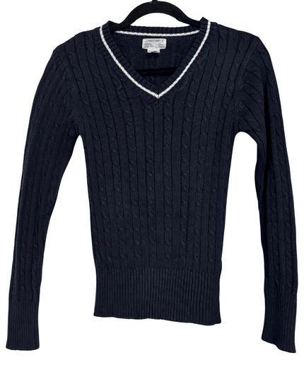 Raphaëlu Cable Knit Navy Blue V-Neck Sweater