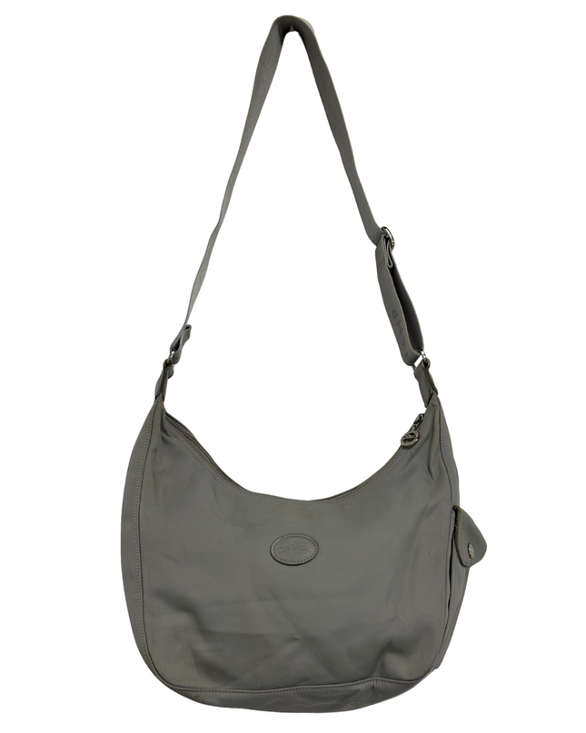 Longchamp Dove Gray Logo Webbing Adjustable Strap Slouchy Hobo Bag