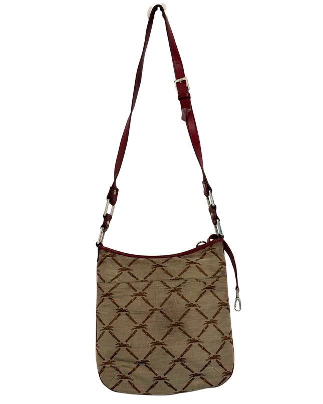 Longchamp Vintage Jockey Burgundy Leather Trim Monogram Crossbody Bag