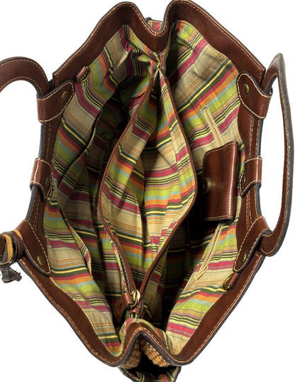 Fossil Vintage Woven Straw & Brown Leather Multi-Stripe Interior Trim Handbag