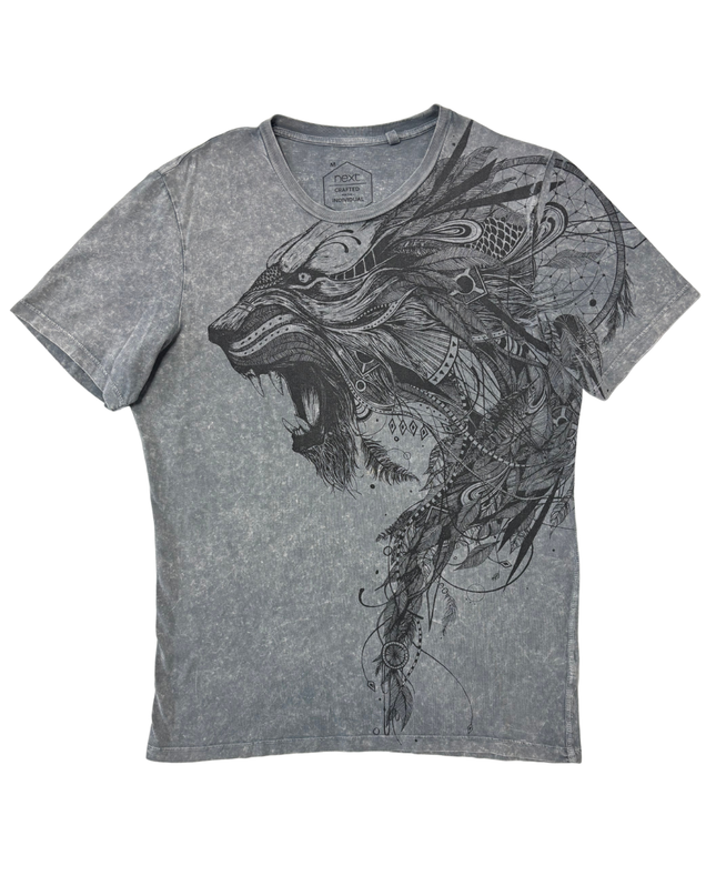 Next Crafted Individual Acid Wash Grey Tribal Lion Graphic T-Shirt - M