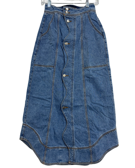 Farm Rio Medium Wash Denim Wave Button-Front Maxi Skirt
