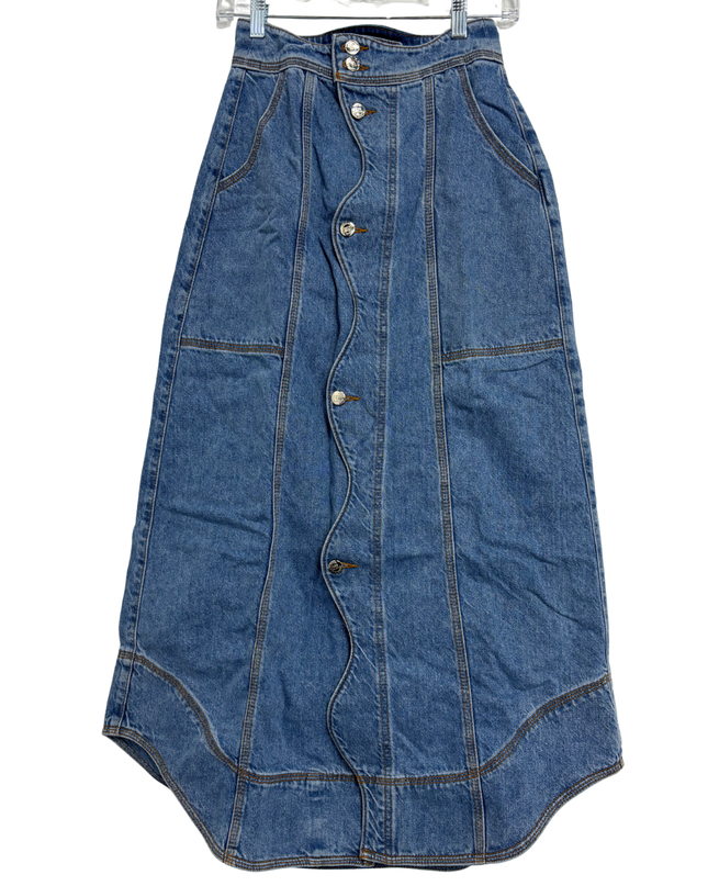 Farm Rio Medium Wash Denim Wave Button-Front Maxi Skirt