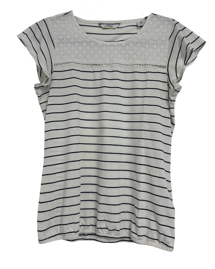 Essentials by Tchibo Striped Lace Detail Short Sleeve Top - S