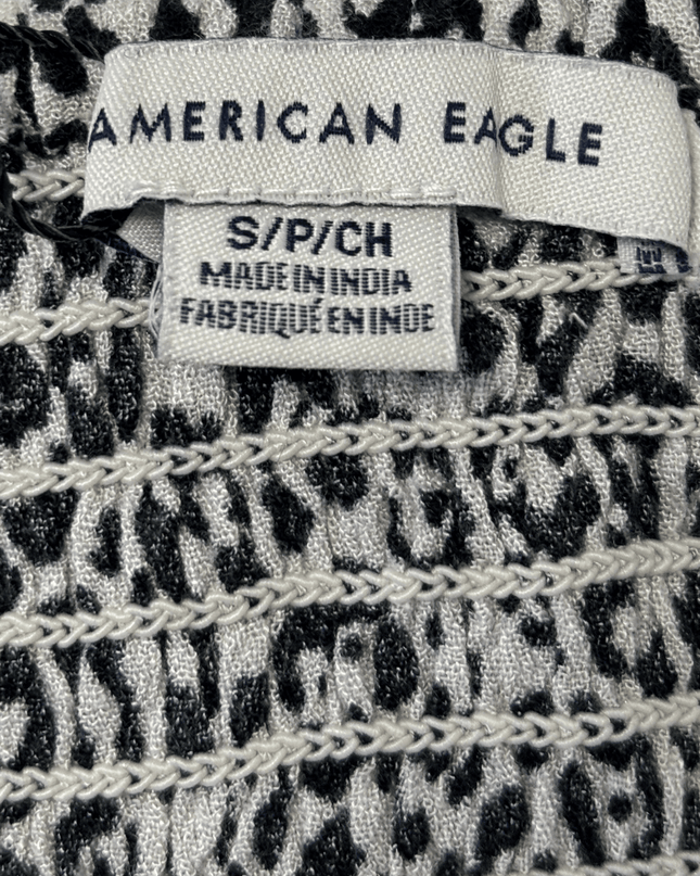American Eagle Black & White Leopard Print Smocked Ruffle Hem Crop Cami Top