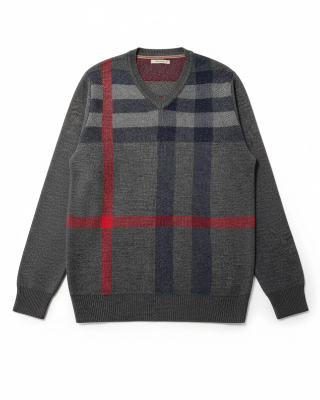 Burberry London Grey V-Neck Oversized Check Knit Sweater