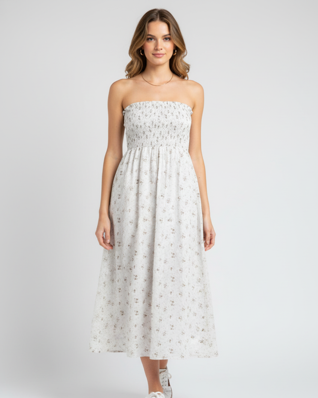 Aeropostale Beige Floral Smocked Bodice Midi Sundress