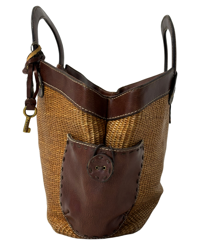 Fossil Vintage Woven Straw & Brown Leather Multi-Stripe Interior Trim Handbag