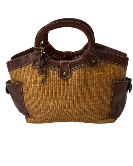 Fossil Vintage Woven Straw & Brown Leather Multi-Stripe Interior Trim Handbag
