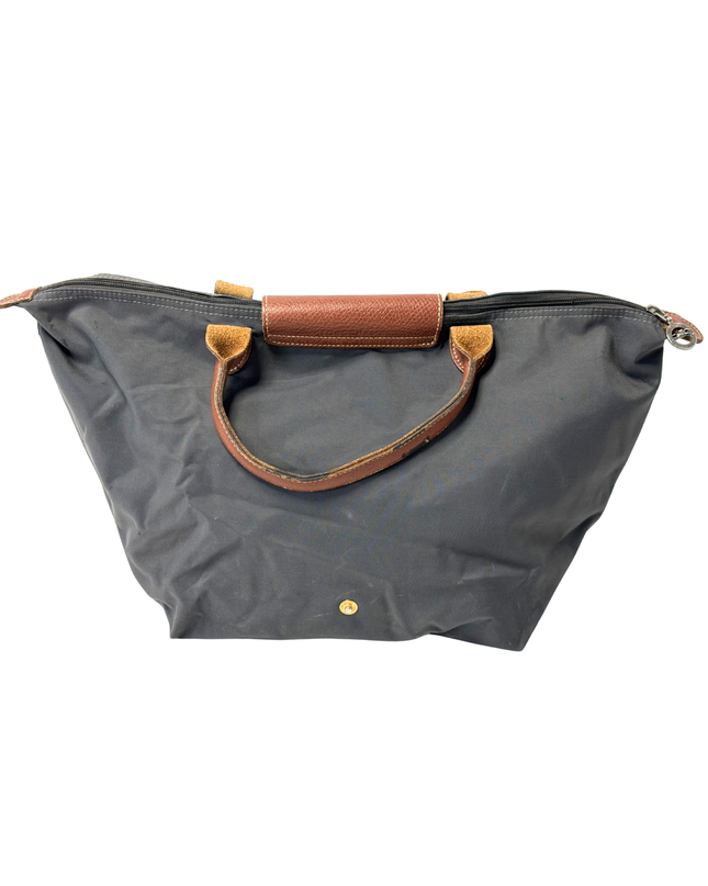 LONGCHAMP Le Pliage Original Anthracite Nylon & Brown Leather Tote Bag