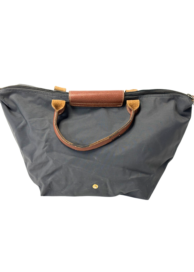 LONGCHAMP Le Pliage Original Anthracite Nylon & Brown Leather Tote Bag
