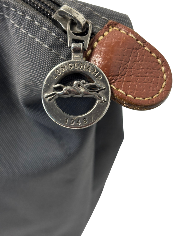 LONGCHAMP Le Pliage Original Anthracite Nylon & Brown Leather Tote Bag