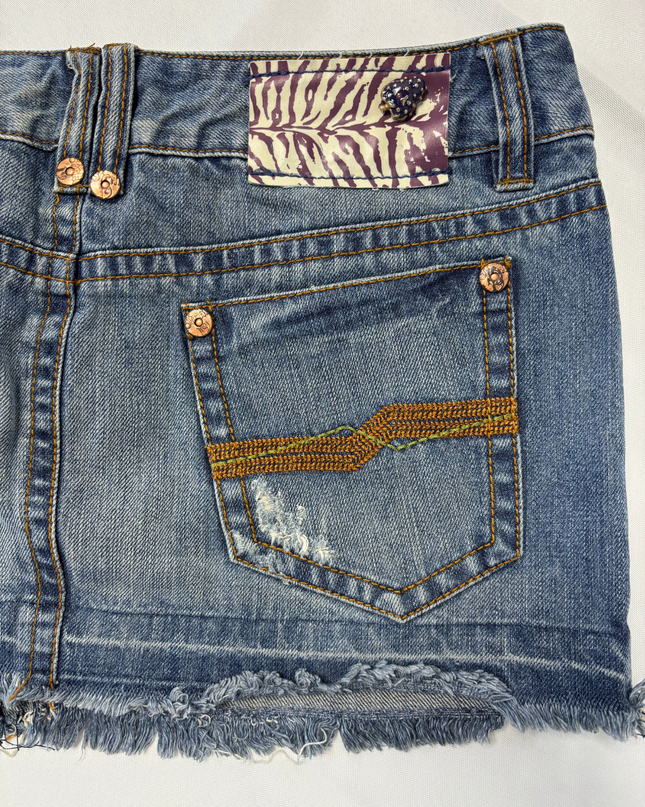 Sicko Distressed Blue Raw Hem Denim Mini Skirt - XL | Waist: 34"