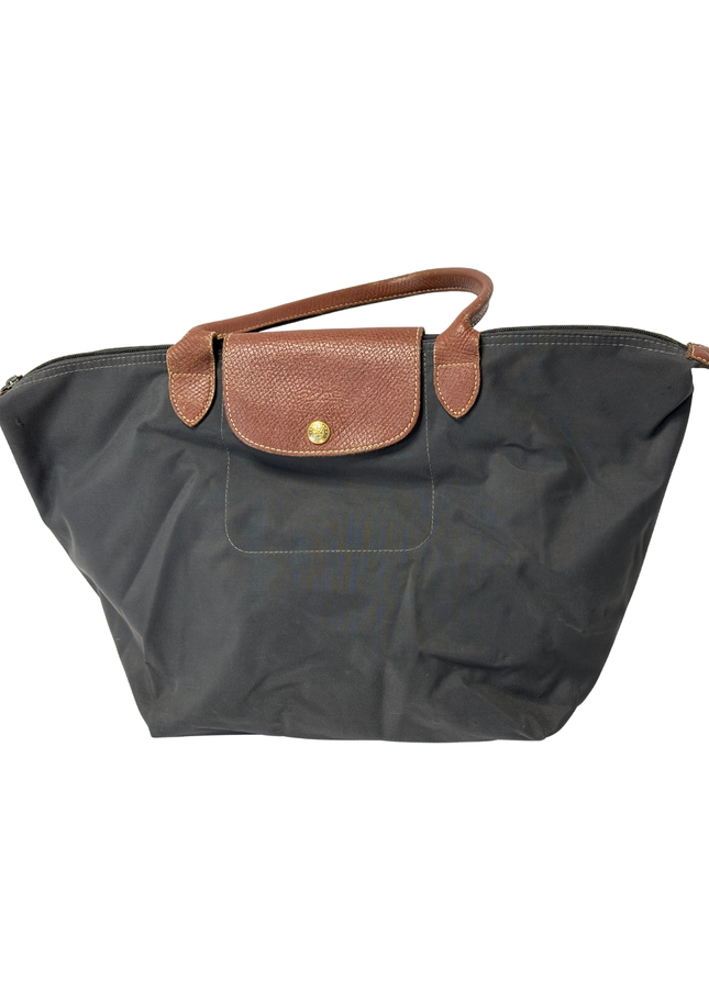 LONGCHAMP Le Pliage Original Anthracite Nylon & Brown Leather Tote Bag