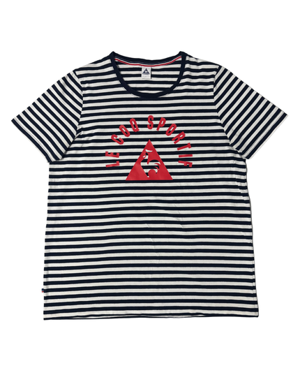 Le Coq Sportif Striped Navy & White Logo T-Shirt - M