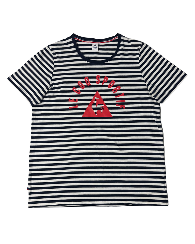 Le Coq Sportif Striped Navy & White Logo T-Shirt - M
