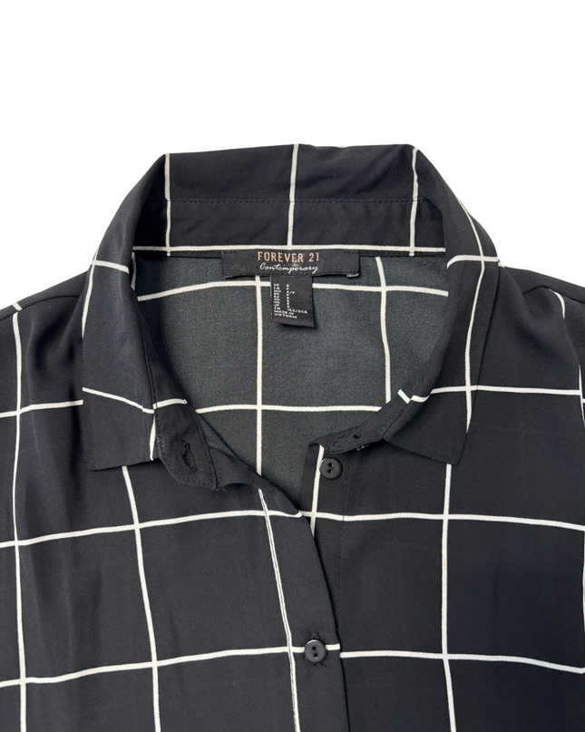 Forever 21 Black & White Windowpane Check Ruffle Sleeve Shirt - L