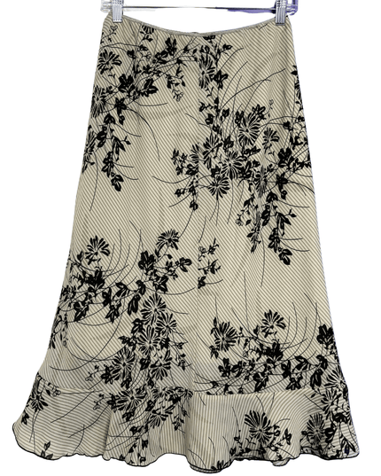 Jonathan Martin Studio Beige & Black Floral Ruffle Hem Midi Skirt
