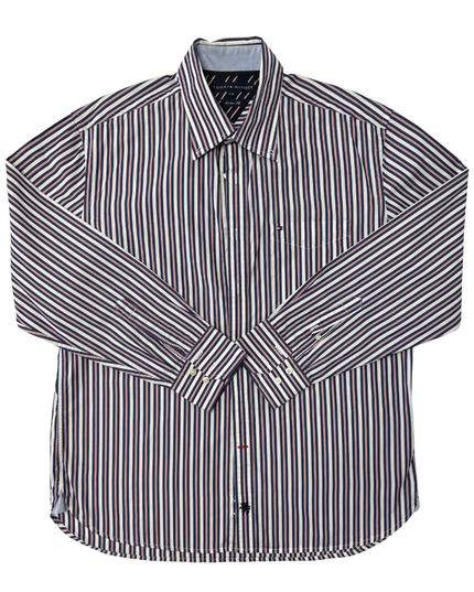 Tommy Hilfiger Navy Blue & Red Striped Long-Sleeve Dress Shirt