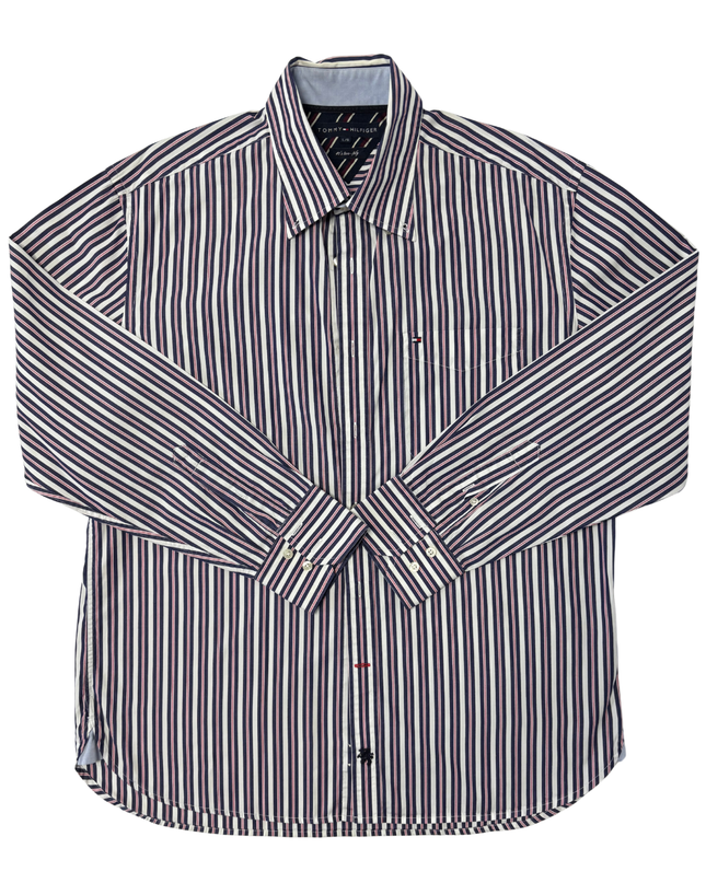 Tommy Hilfiger Navy Blue & Red Striped Long-Sleeve Dress Shirt