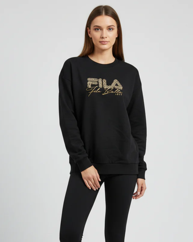 FILA Black Leopard Print Graphic Crewneck Sweatshirt
