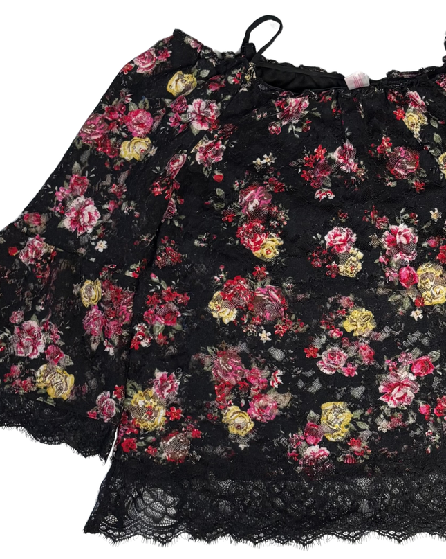 No Boundaries Black Floral Lace Bell Sleeve Off-the-Shoulder Top