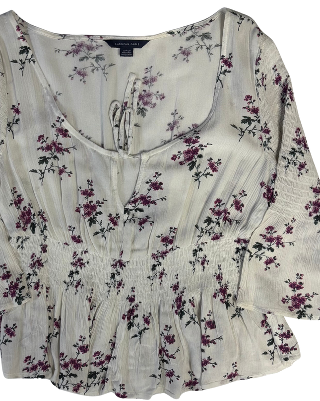 American Eagle White/Purple Floral Smocked Peplum Blouse