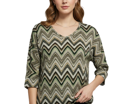 Hailys Soft Green Diverse Zigzag V-Neck Top