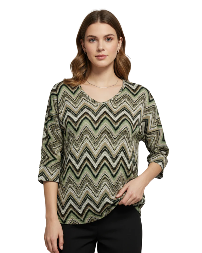 Hailys Soft Green Diverse Zigzag V-Neck Top