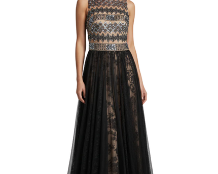 Mikael Aghal Black Beaded Tulle Evening Gown