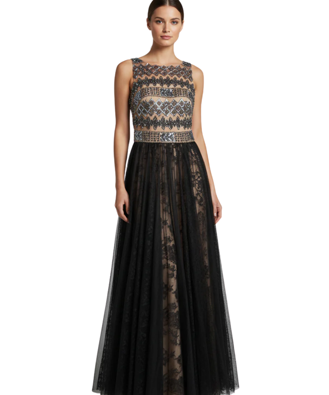 Mikael Aghal Black Beaded Tulle Evening Gown