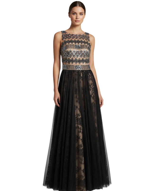 Mikael Aghal Black Beaded Tulle Evening Gown