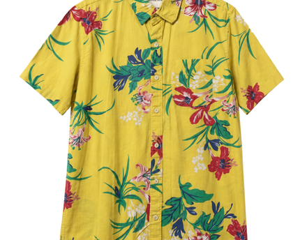 American Eagle Yellow Tropical Floral Short Sleeve Button Down Shirt