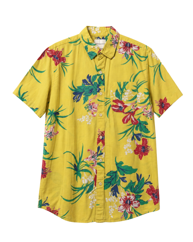 American Eagle Yellow Tropical Floral Short Sleeve Button Down Shirt