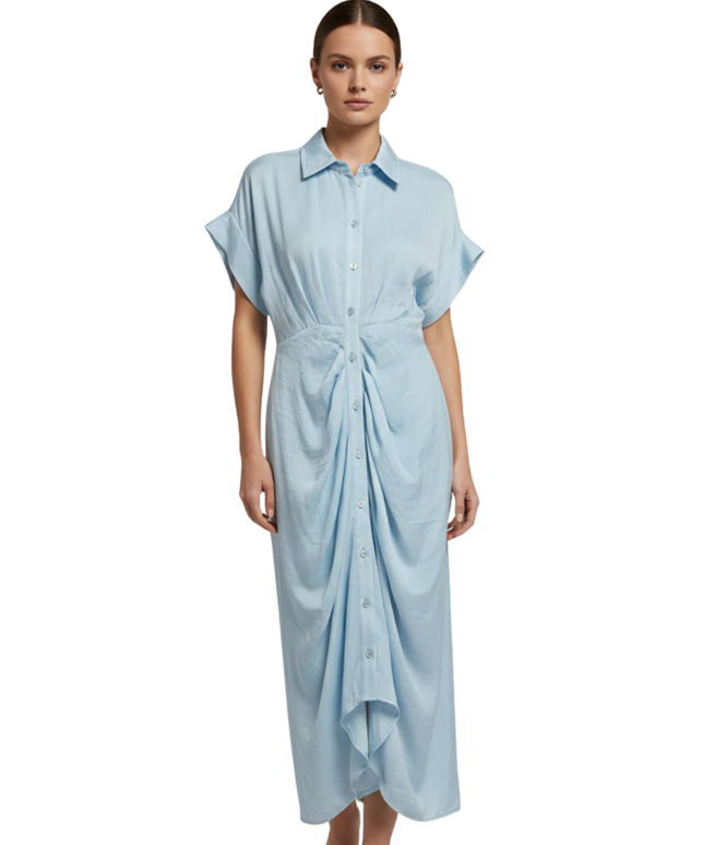 Steve Madden Light Blue Ruched Midi Shirt Dress