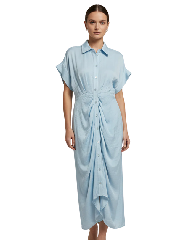 Steve Madden Light Blue Ruched Midi Shirt Dress