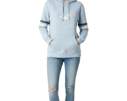 Hollister Light Blue Graphic Hoodie with Sleeve Stripes