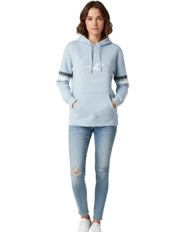 Hollister Light Blue Graphic Hoodie with Sleeve Stripes