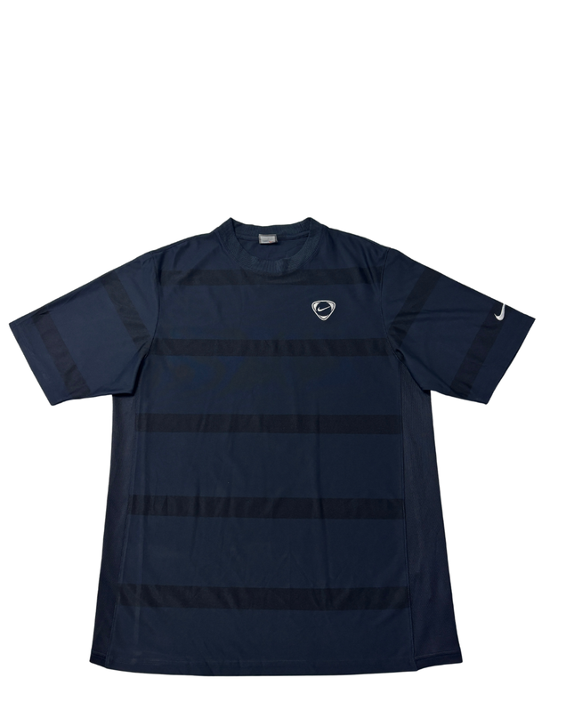 Vintage Nike Navy Blue Striped Mesh-Panel Sports T-Shirt