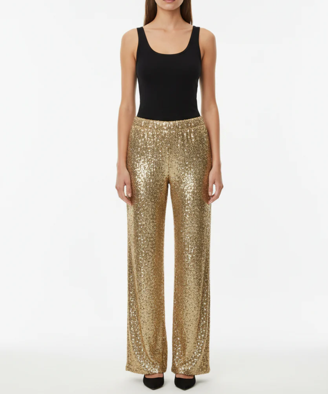 C-THROU Gold Sequin Side Stripe Wide Leg Pants