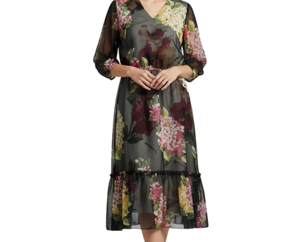 Lauren Ralph Lauren Black Multi Floral Sheer Tiered Midi Dress