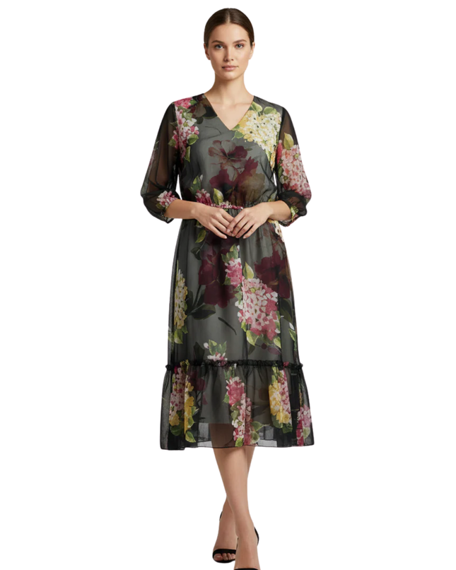 Lauren Ralph Lauren Black Multi Floral Sheer Tiered Midi Dress