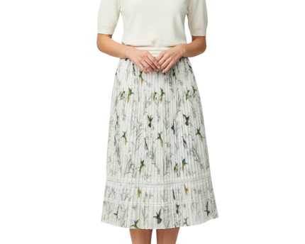 Ted Baker White Hummingbird Print Pleated Midi Skirt