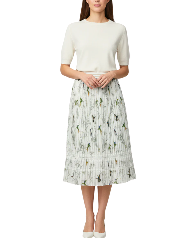 Ted Baker White Hummingbird Print Pleated Midi Skirt