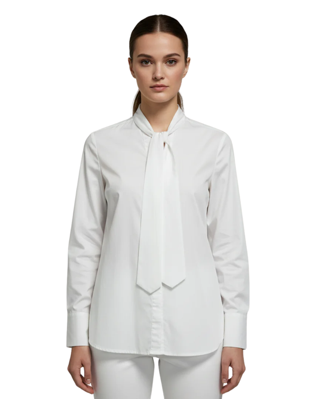 Sinsay White Long Sleeve Pussybow Neck Tie Blouse